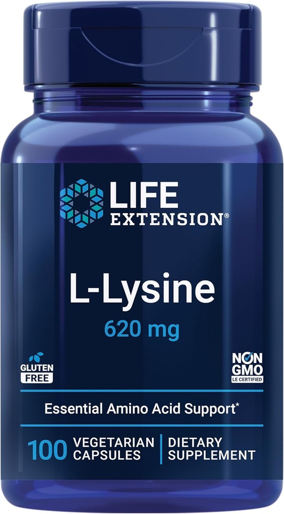 ライフエクステンションL-Lysine、620mg、健康な窒素バランス、カルシウム代謝、ストレス応答&その他、グルテンフリー、非GMO、ベジタリアン、100カプセル