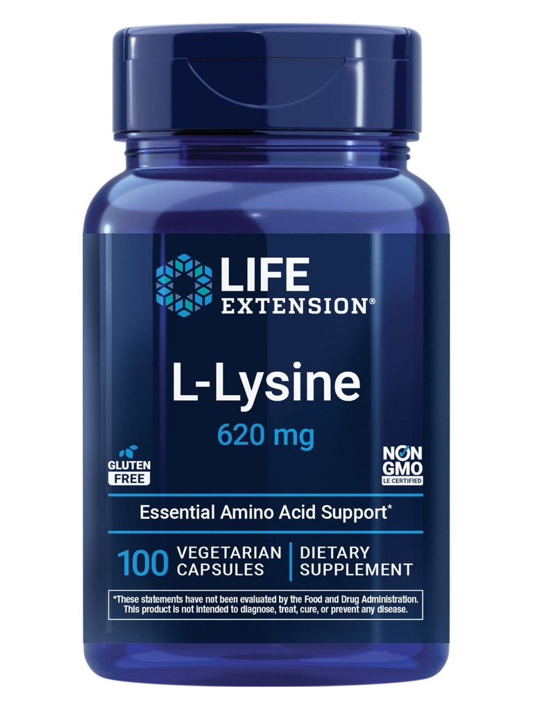 ライフエクステンションL-Lysine、620mg、健康な窒素バランス、カルシウム代謝、ストレス応答&その他、グルテンフリー、非GMO、ベジタリアン、100カプセル
