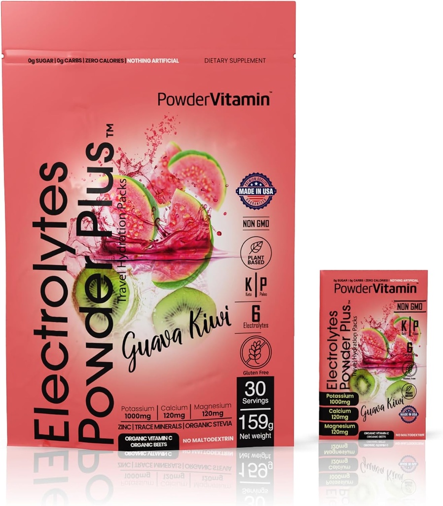 PowderVitamin の電解物の粉のプラス、Keto、Gava Kiwi、ゼロ砂糖、1000mg のカリウム、120mg カルシウム、120mg マグネシウム、非GMO、ゼロカロリー、30 Hydration のパケット