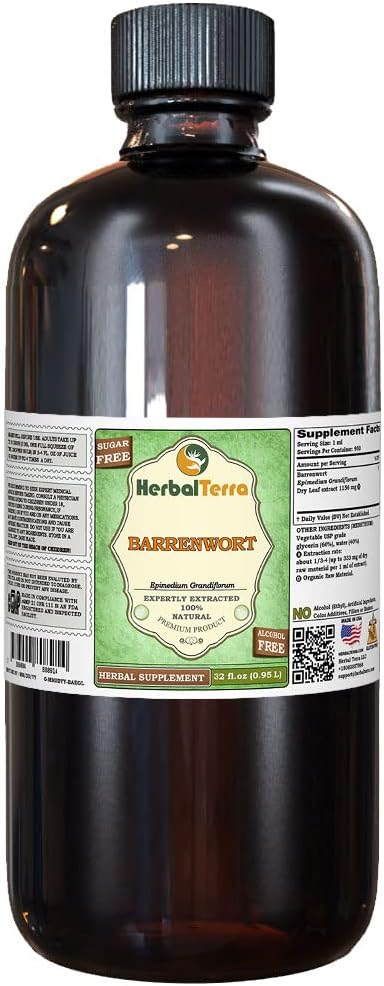 Barrenwort (Epimedium grandiflorum) Glycerite, Dried Leaves Alcohol-Free Liquid Extract (Brand Name: HerbalTerra, Proudly Made in USA) 32 fl.oz (0.95 l)