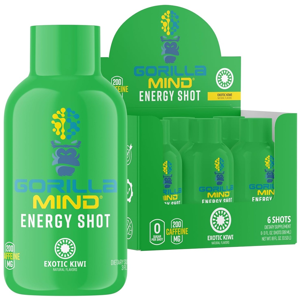 Gorilla Mind Energy Shots (Pack of 6) - Enhanced Focus & Energy, Sugar-Free, Fast-Acting, Potent Formula with Vitamins & Natural Extracts (Exotic Kiwi)