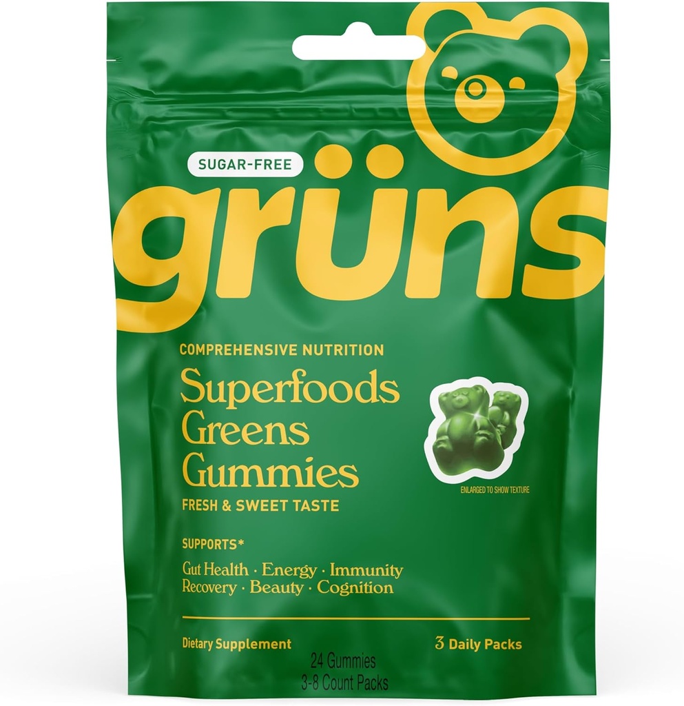 Gruns Sugar Free Super Greens Gummy Bears - 有機スピルリナとクロレラ、消化の健康のためのプレバイオティクス、20 +ビタミンとミネラル、アダプトゲン - 3つのサッシ - 24グミ