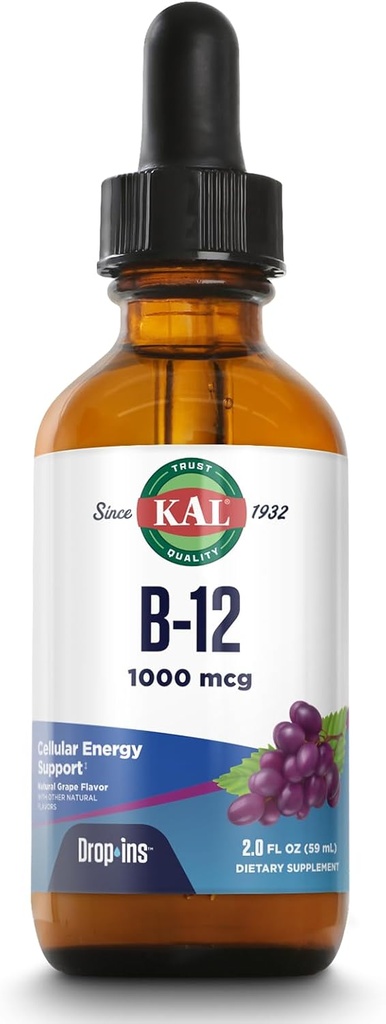 KAL B12 1000 mcg DropIns、高吸収液B12ビタミン、メタボリズム、心臓の健康、Nerve、赤血球サポート、自然ブドウ味B12ドロップ、196サービング、2oz