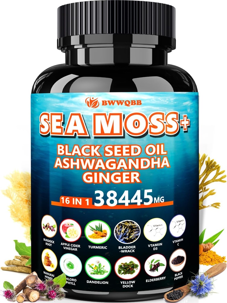 海苔350mgの黒の種のオイル200mgのAshwagandha 100mgのTurmeric 100mgのBradderwrack 100mgのBurdock 100mgのオールインワン海の苔カプセル-60の計算
