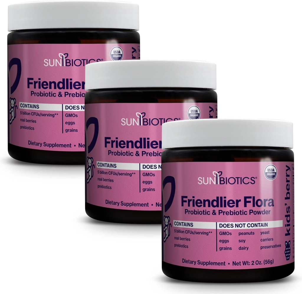 SUNBIOTICSのFriendlier Flora - キッズプレバイオティクスとプロバイオティックパウダーサプリメント、5つのビリオンCFUとGood Gut Flora、免疫システム、バランスマイクロバイオム - ベリー、(3)のパック