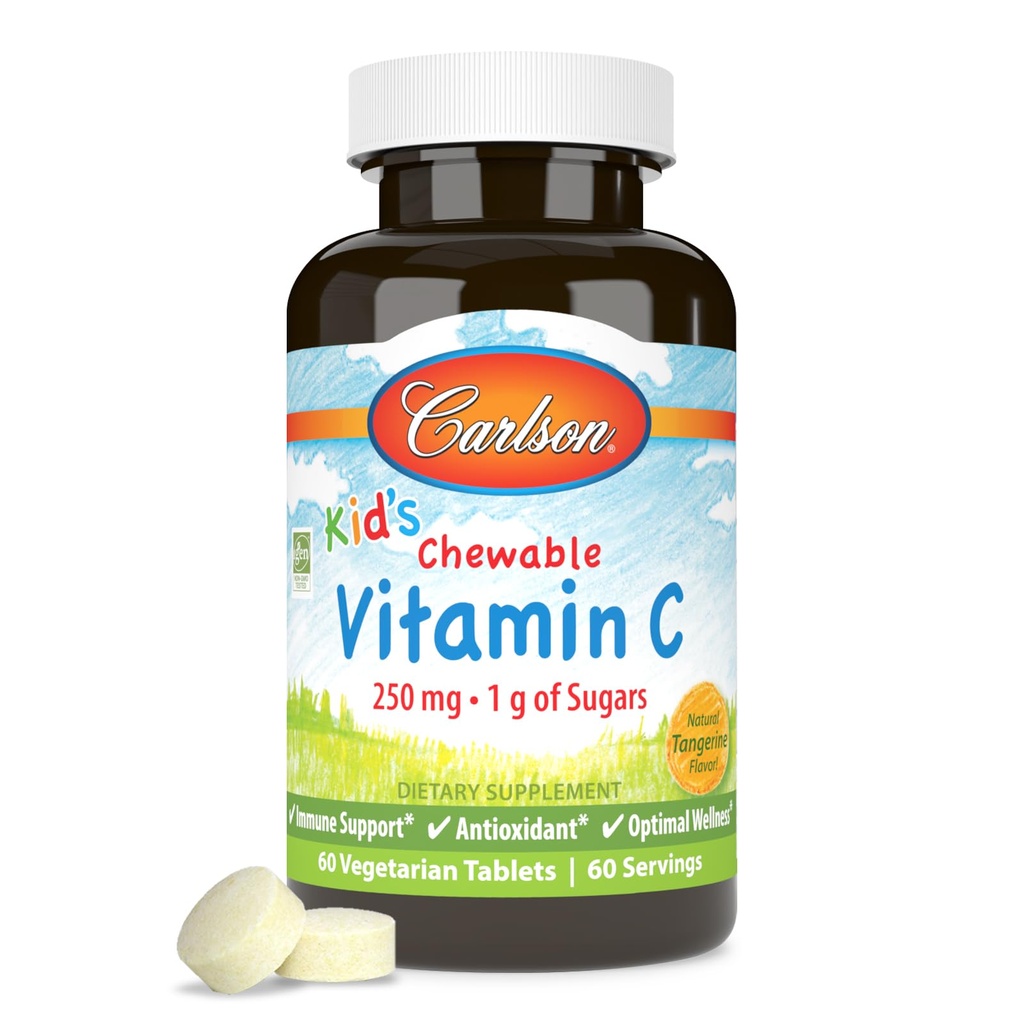 Carlson - Kid's Chewable Vitamin C、250mg、砂糖1g、免疫サポート&最適なウェルネス、抗酸化剤、タンジェリン、60ベジタリアンタブレット