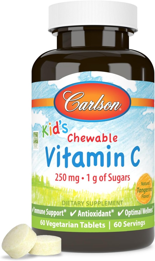 Carlson - Kid's Chewable Vitamin C、250mg、砂糖1g、免疫サポート&最適なウェルネス、抗酸化剤、タンジェリン、60ベジタリアンタブレット