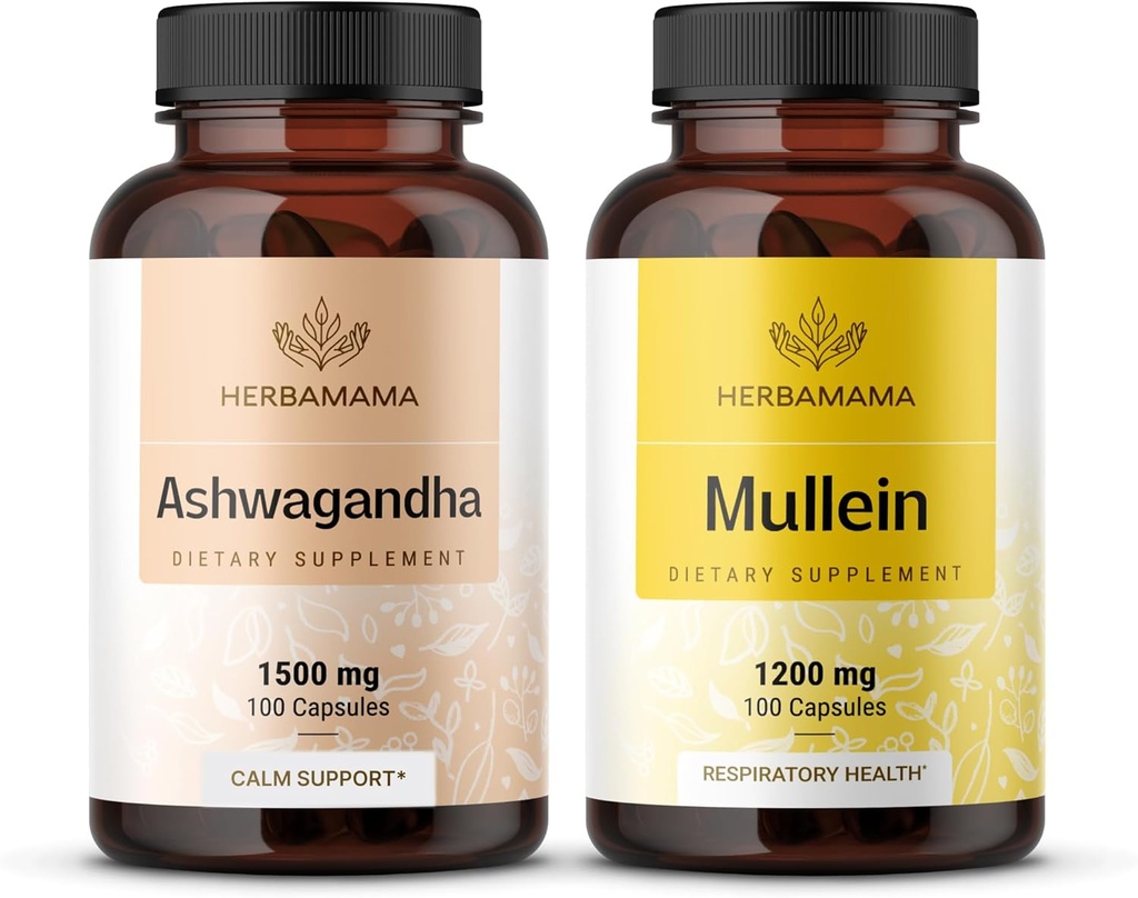 HERBAMAMA Ashwagandha と Mullein キット - バンドル 1500 mg Ashwagandha ルート & 1200 mg Mullein リーフカプセル 100 キャップ - ビーガン, 非GMO, 砂糖 & アルコールフリー - 2 パック