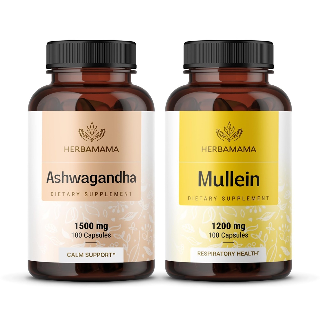 HERBAMAMA Ashwagandha と Mullein キット - バンドル 1500 mg Ashwagandha ルート & 1200 mg Mullein リーフカプセル 100 キャップ - ビーガン, 非GMO, 砂糖 & アルコールフリー - 2 パック