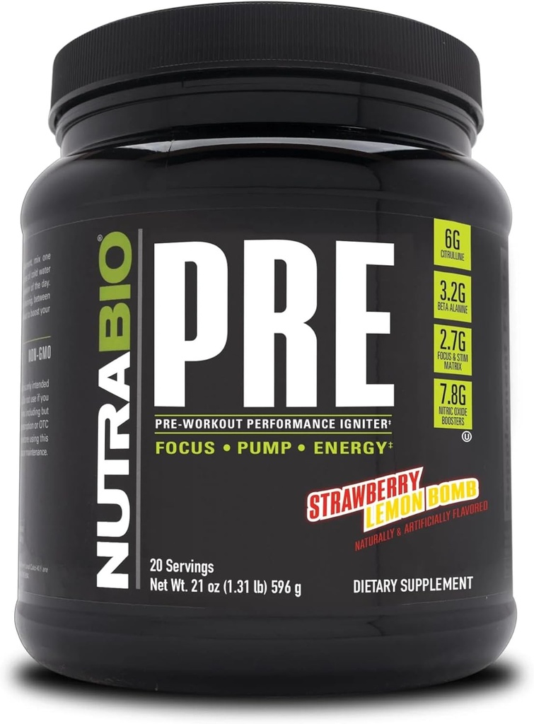 NutraBioプリワークアウトパウダー - 古いフォーミュラ - 持続エネルギー、メンタルフォーカス、耐久性 - Beta Alanine、クレアチン、カフェイン、電解液 - 20 サービング - イチゴレモン爆弾