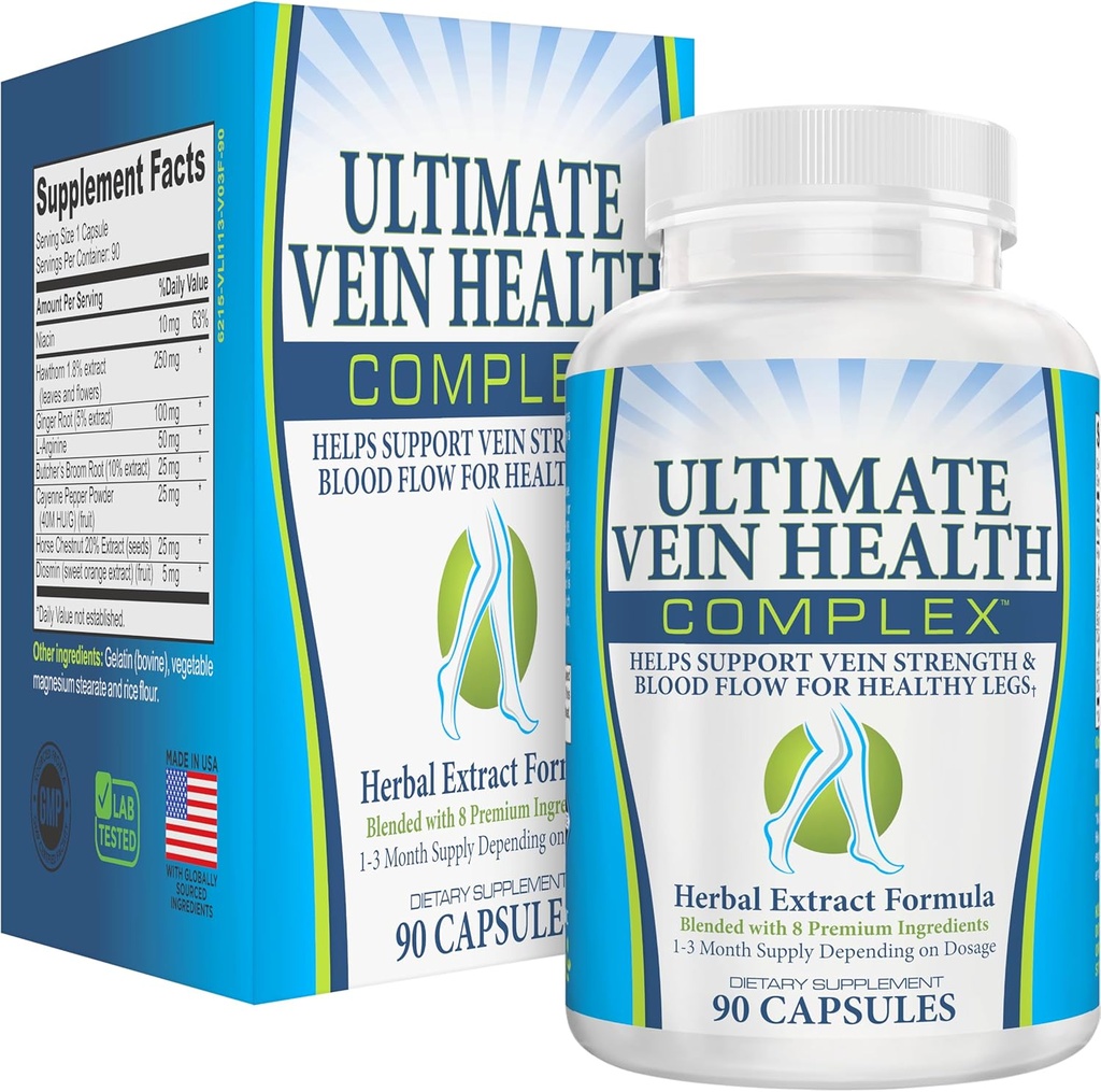 8-in-1 静脈および足の健康の循環の補足 | 血循環のブスターの方式 | 究極の静脈及び足の循環システム サポート補足 | 健康な及び強い静脈のための栄養素 | 90 カプセル