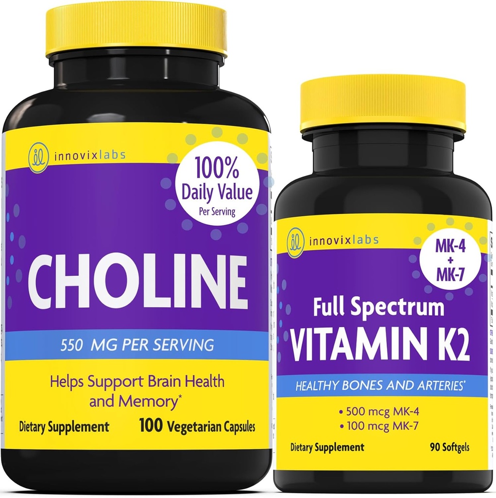 InnovixLabsコリン&ビタミンK2バンドルコリンBitartrate 550mg (100カプセル)フルスペクトラムビタミンK2(90 Softgels)。 メモリ、気分、脳の健康とブースト認知をサポート*