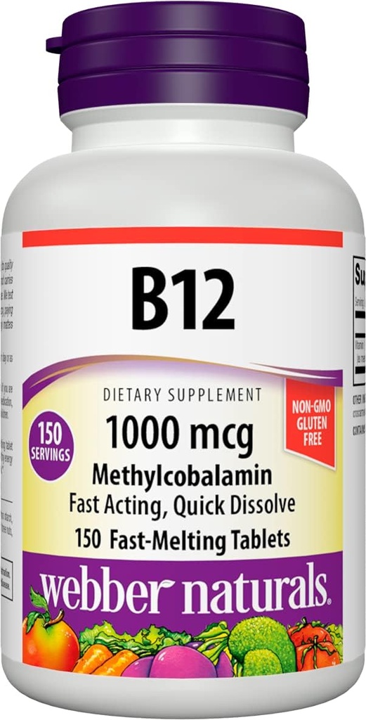 WebberナチュラルビタミンB12 1000 mcg、150カウント、高速解体錠、エネルギー代謝、免疫および心臓の健康、ベジタリアン式、150日の供給のためのビタミンサプリメントサポート