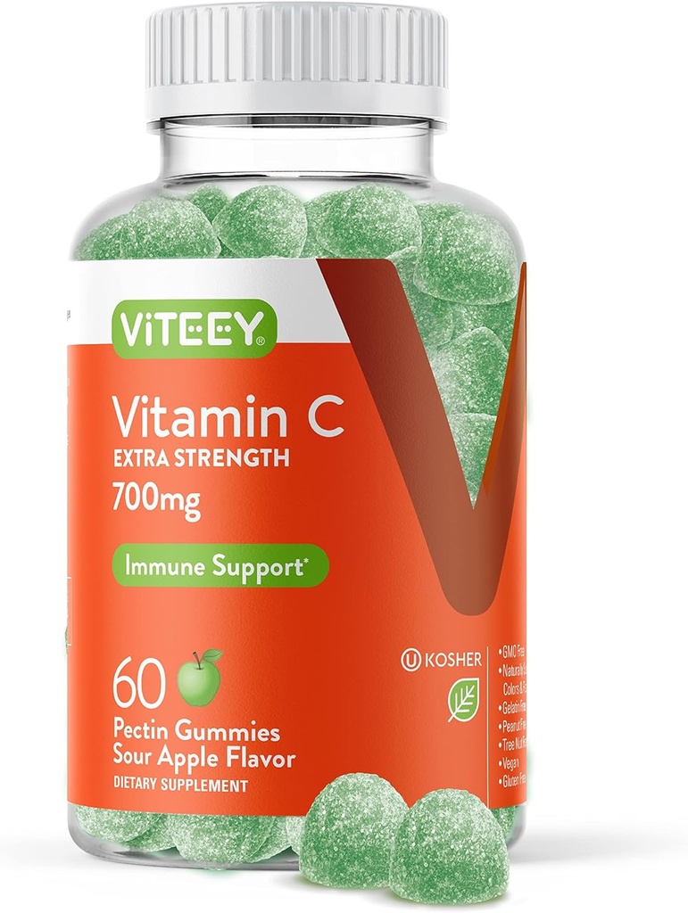 大人のためのViteeyのChewableビタミンCのグミ - 700mgの余分強さの免除サポート補足-ビーガン、グルテンフリー- 60の計算