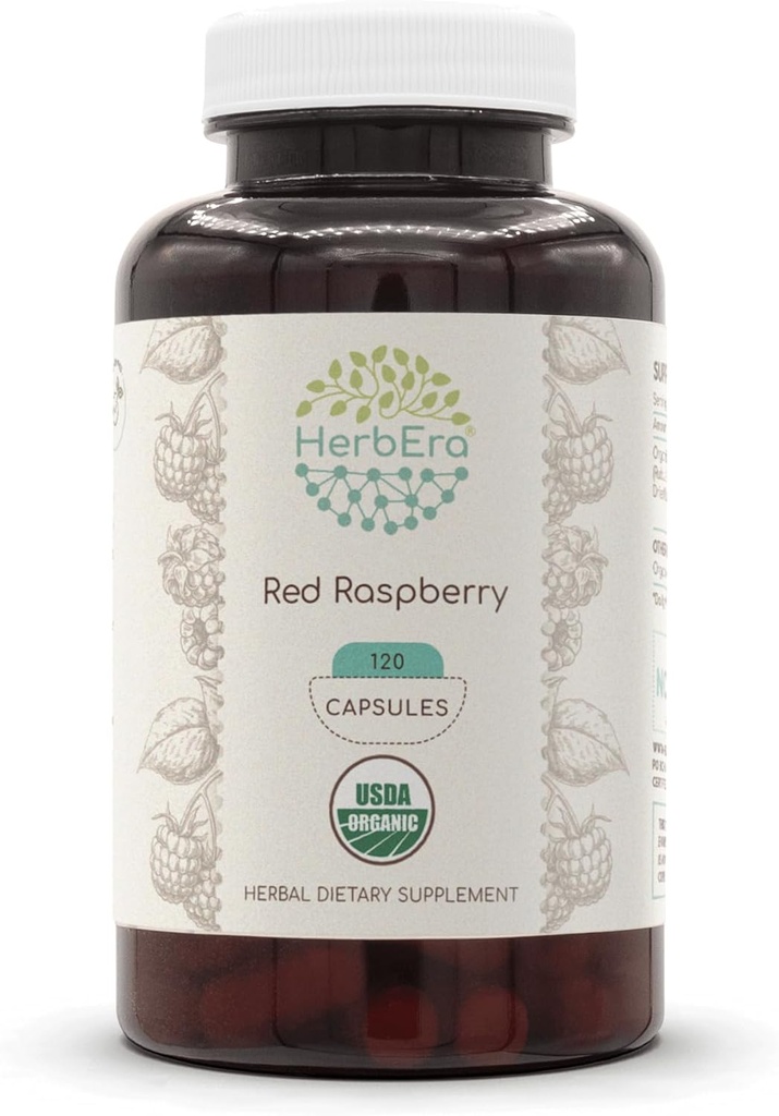 HerbEra Red Raspberry USDA Organic 120 Capsules | Natural Herbal Supplement | Certified Organic Vegetarian Capsules and Organic Red Raspberry (Rubus idaeus) Dried Leaf (120 Capsules)