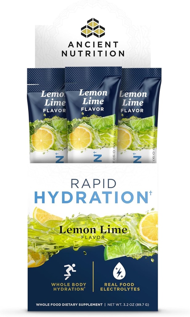 Ancient Nutrition Rapid Hydration Powder, Lemon Lime, Electrolytes from Natural Sea Salts and Red Marine Algae, Supports Rapid Body Hydration and Cellular Health, 15 Servings