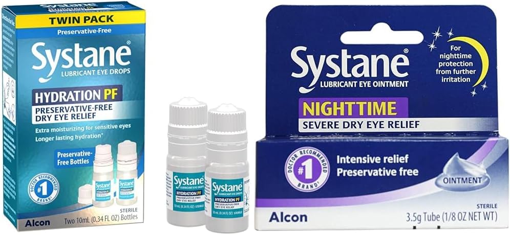 Systane の水和の複数の線量の防腐剤なしの目の低下の乾燥した目の救助のツイン パック (2x10ml)及び夜間潤滑油の目の軟膏 3.5g の管