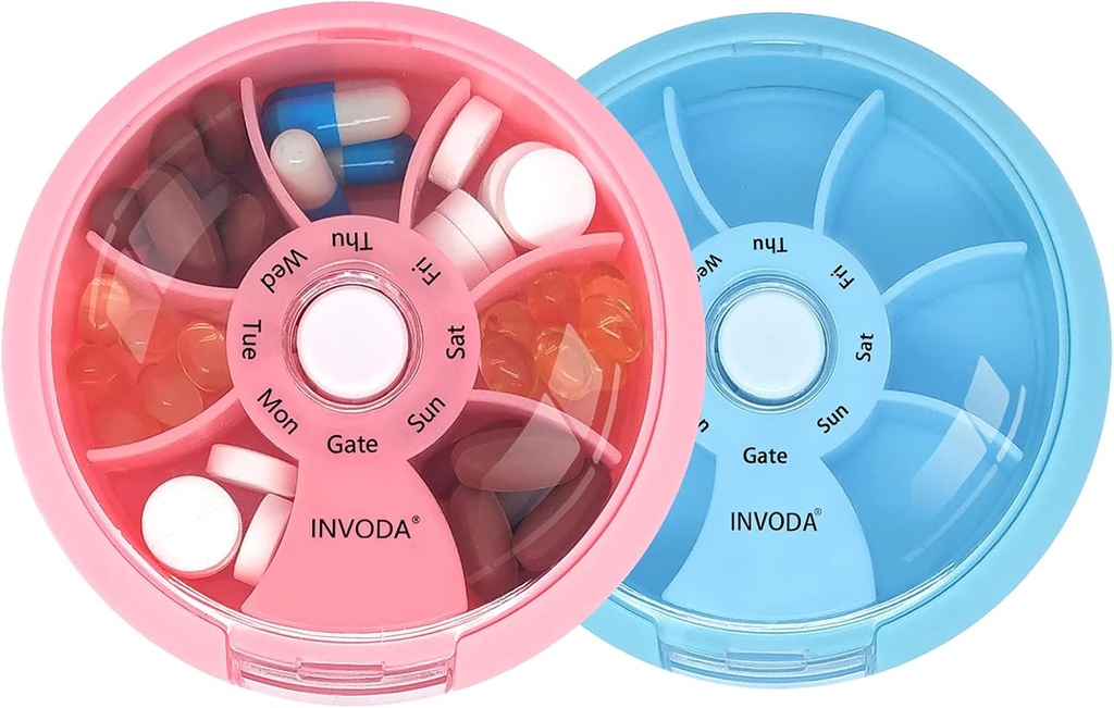 INVODAウィークリーピルオーガナイザー7コンパートメント回転ピルボックス毎日の薬とビタミン - ポータブルトラベルピルケースフィッシュオイルはビタミンオーガナイザー(ピンク+ブルー)を補います