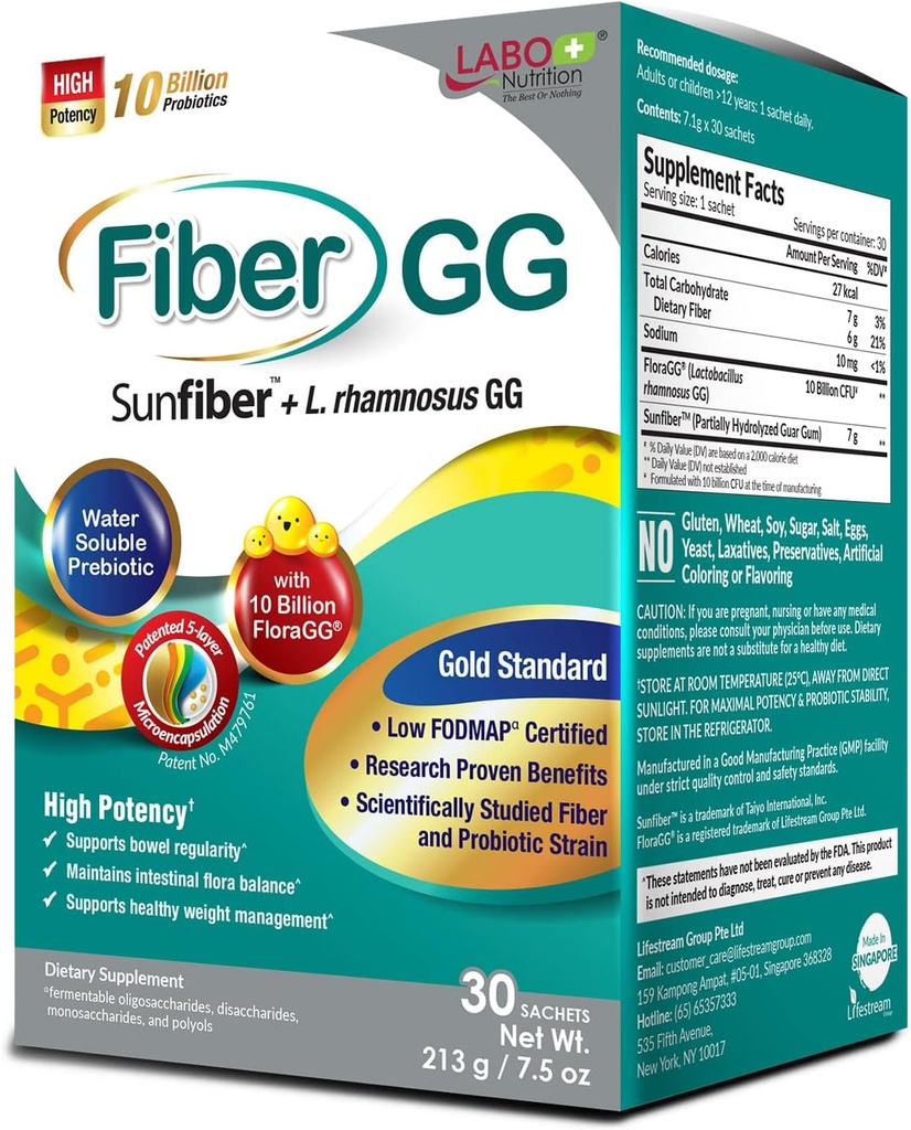 LABO栄養繊維GG、Lactobacillus Rhamnosus GG 10 Billion CFU活動的なプロバイオティクスおよび7g Sunfiberのプレバイオティクス繊維の補足、サポート健康な腸、免疫の健康、グルテンフリー、30の磨き粉