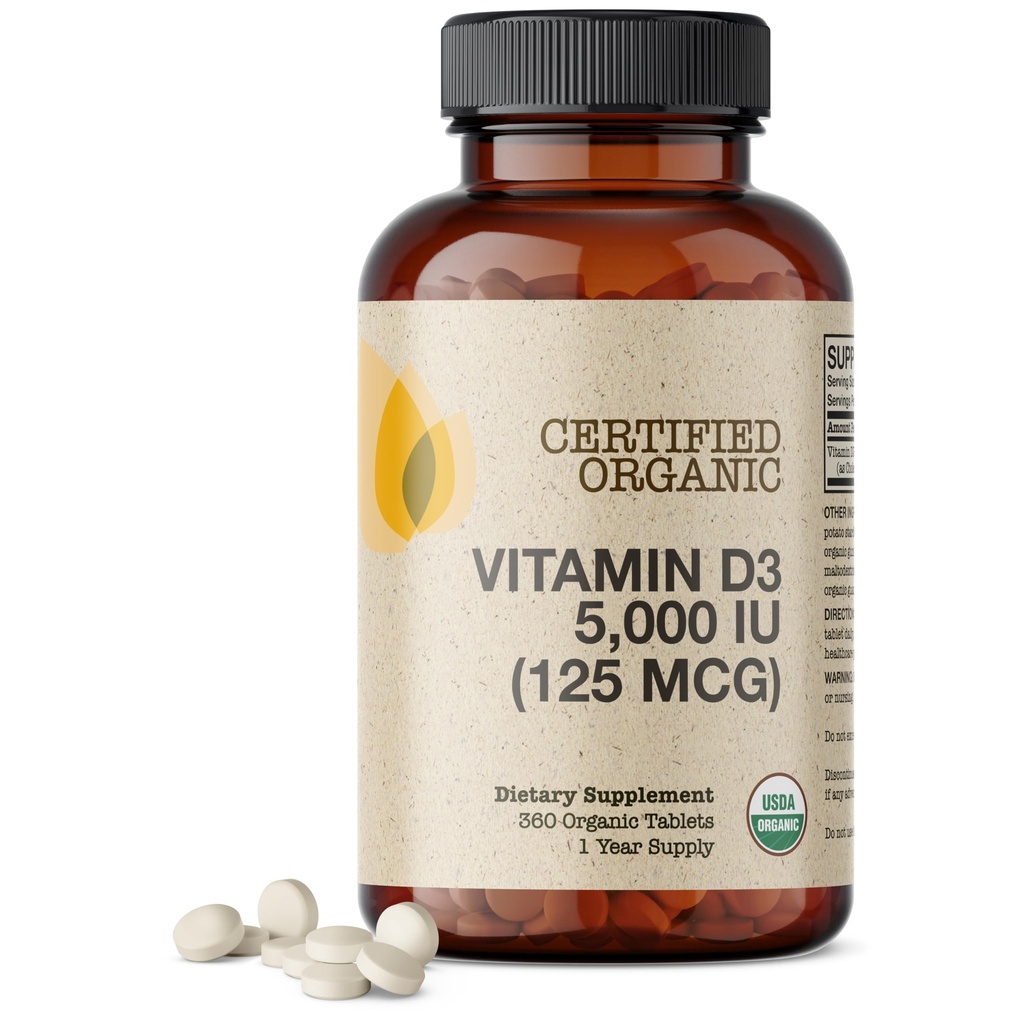FuturebioticsのビタミンD3 5,000 IU (125 MCG)、USDAの証明された有機性ビタミンDの補足、360のタブレット