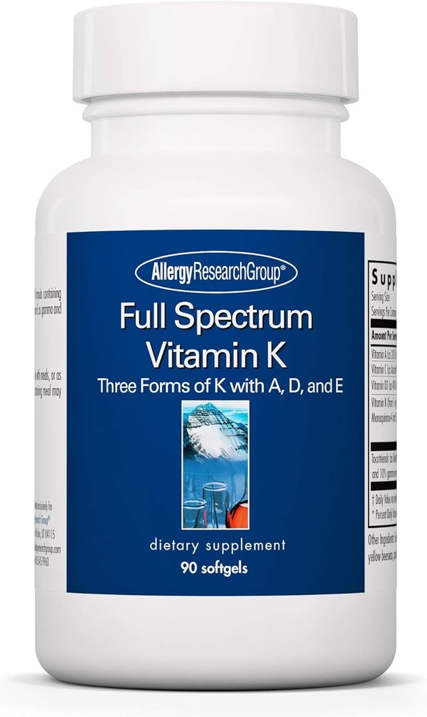 Allergy Research Group Full Spectrum Vitamin K - Vitamin K1 and K2 Supplement, Vitamin K Complex, MK-4, MK-7, Vitamin D3, Vitamin A - 90 Count