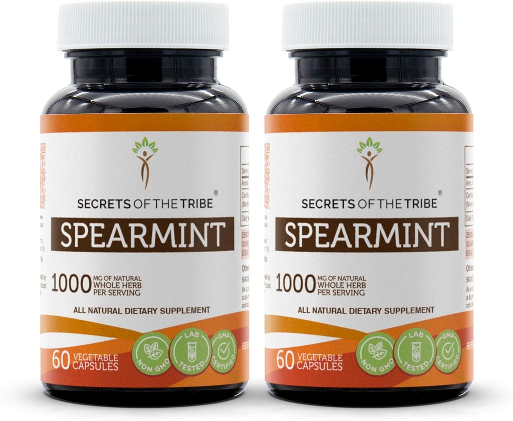 Tribe Spearmintカプセルの秘密 1000 mg Spearmint(Mentha spicata)ドライリーフ、女性のホルモンサポートサプリメント(2x60カプセル)