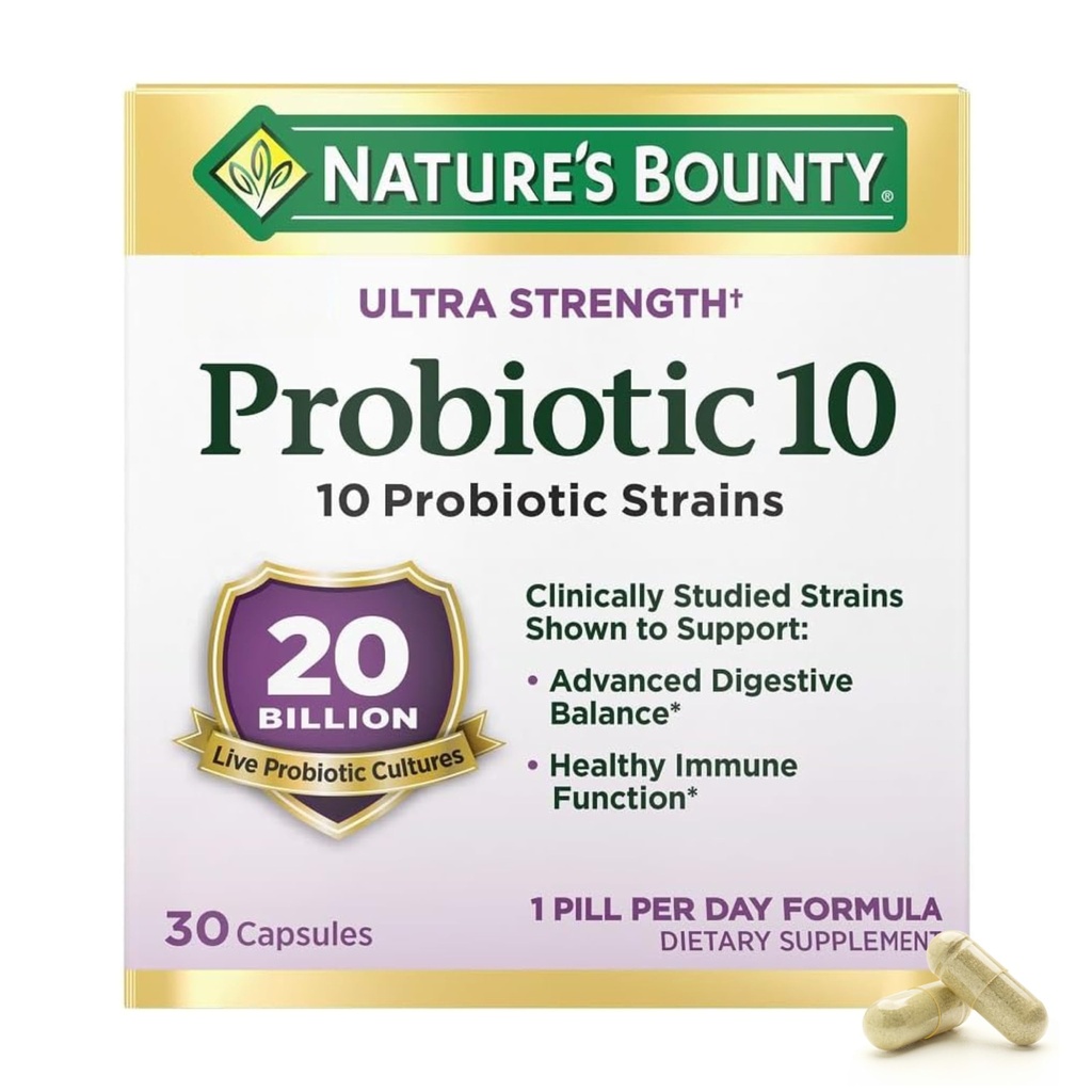 Nature's Bounty Probiotic 10 消化器、免疫およびアッパー呼吸器サポート、超強度、30 カプセル 1 パック