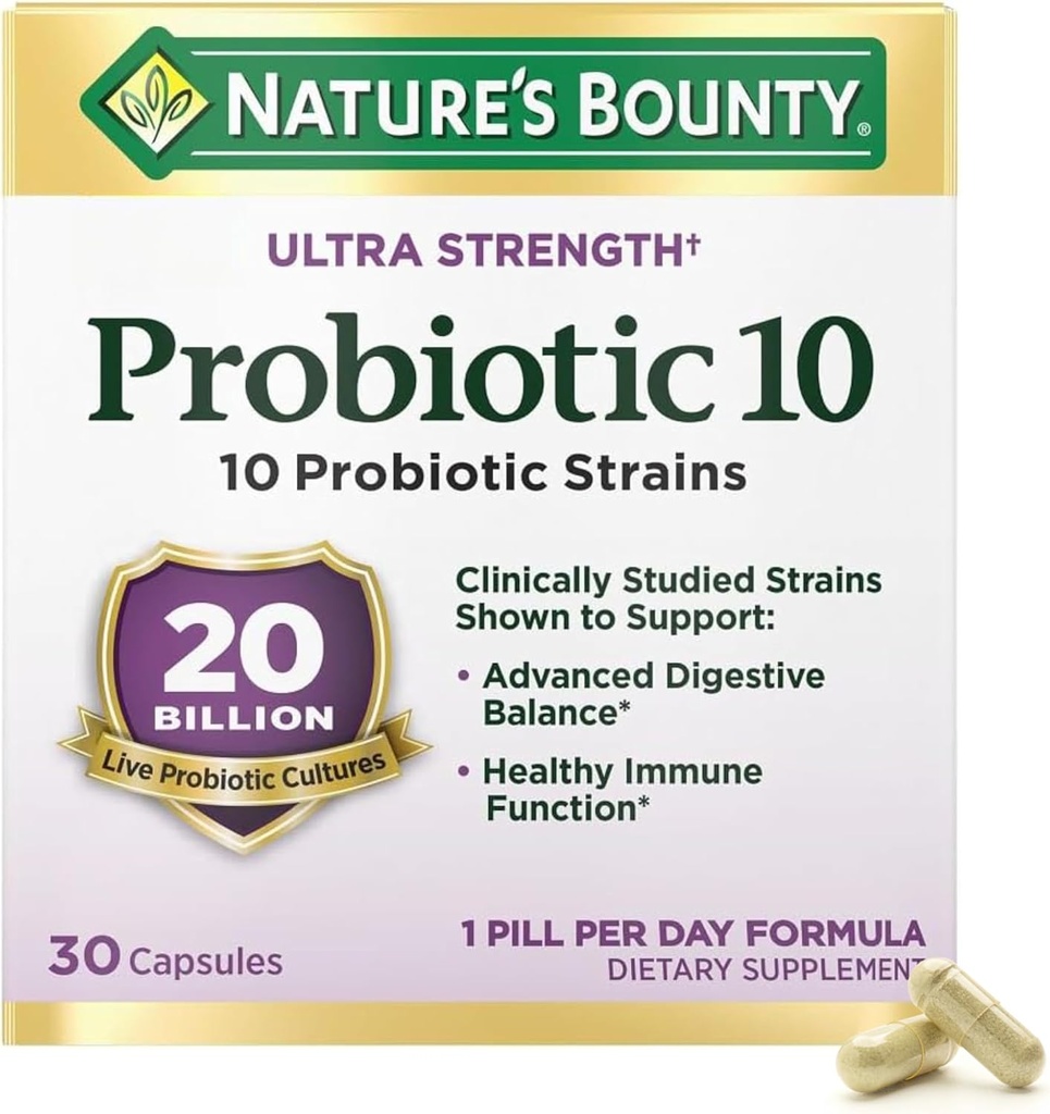 Nature's Bounty Probiotic 10 消化器、免疫およびアッパー呼吸器サポート、超強度、30 カプセル 1 パック