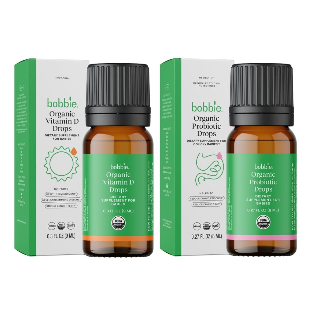 Bobbie Organic Baby Vitamin D and Probiotic Drops Bundle, Daily Liquid Supplements for Immune, Teeth, Bone and Digestive Health Support in Newborn Babies and Infants, Vegan, Infant-Friendly Formula