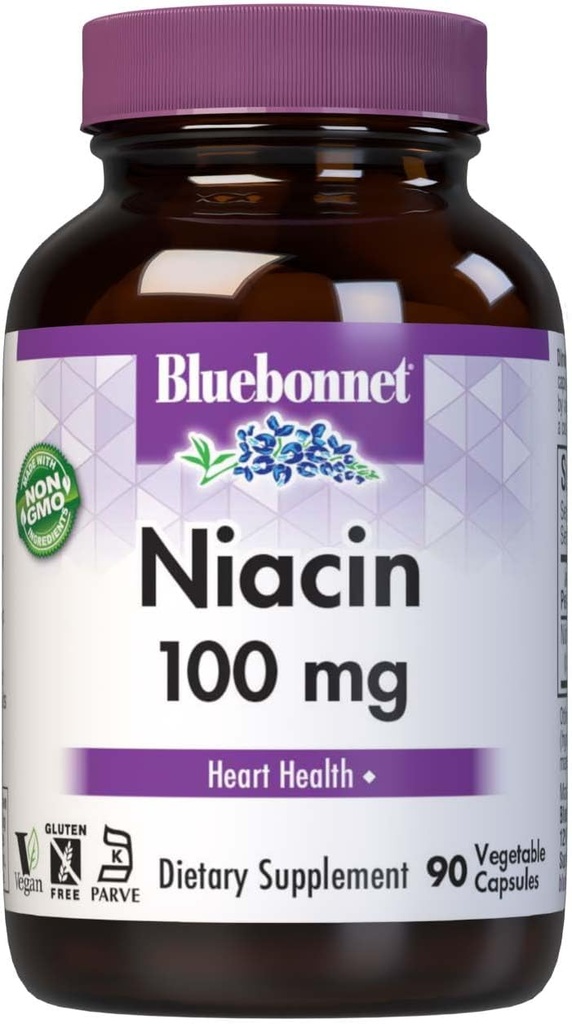 Bluebonnet Niacin 100mgビタミンB3ニコチン酸 - 女性&男性のための心の健康サポート* - Non-GMO、ビーガン、コーシャ、グルテンフリー、大豆フリー、乳製品フリーフラッシュナイアシンサプリメント - 90野菜カプセル