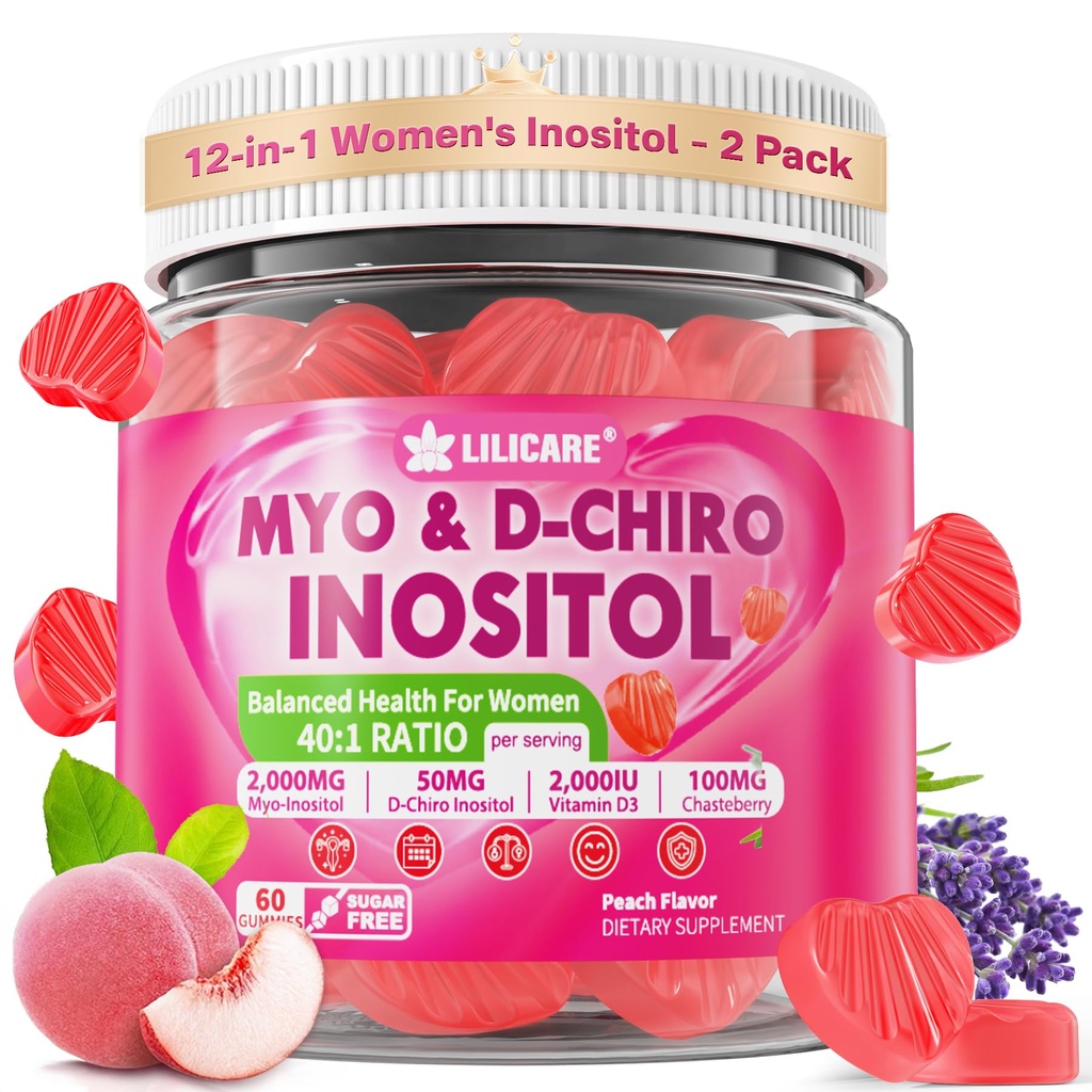 女性のためのイノシトールグミー + シャステベリー, ミオイノシトール & D-Chiroイノシトール 2000 mg + 50 mg 理想 40:1 メチル化された B12 と Folate の比率, コリン, マグネシウム, 全体的な健康のためのビタミン D3, パック 2