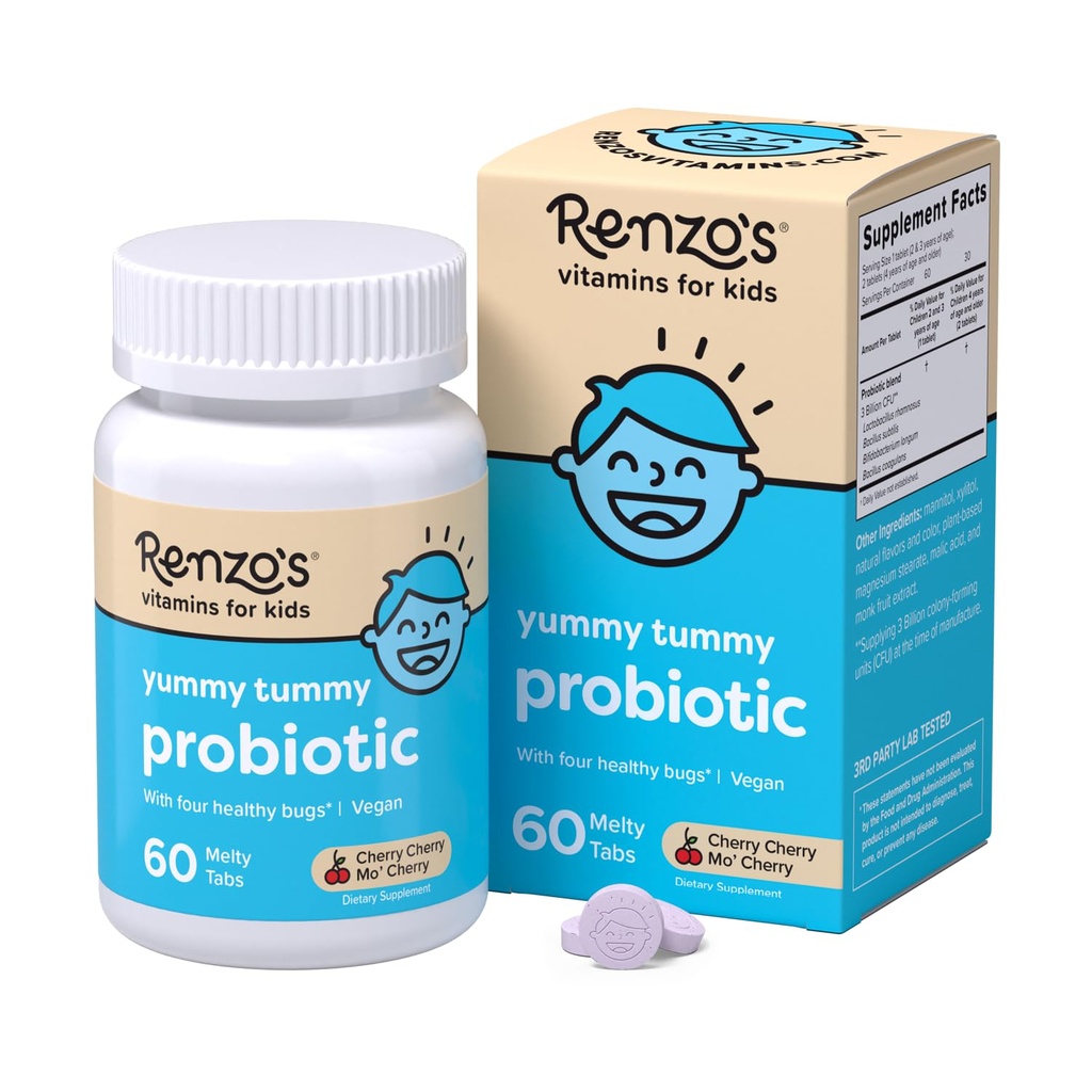 Renzoのキッズプロバイオティクス、消化の健康と免疫サポートのための解体可能なプロバイオティクス、60チェリー風味のメルティタブ
