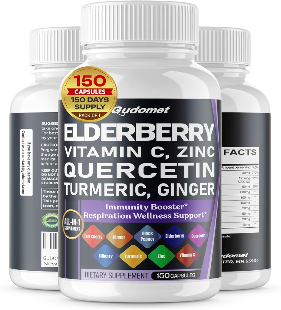 Elderberry Quercetin Bilberry Turmeric Tart Cherry Ginger Vitamin C Vitamin D3 Zinc Black Pepper -150 Capsules- Made in USA