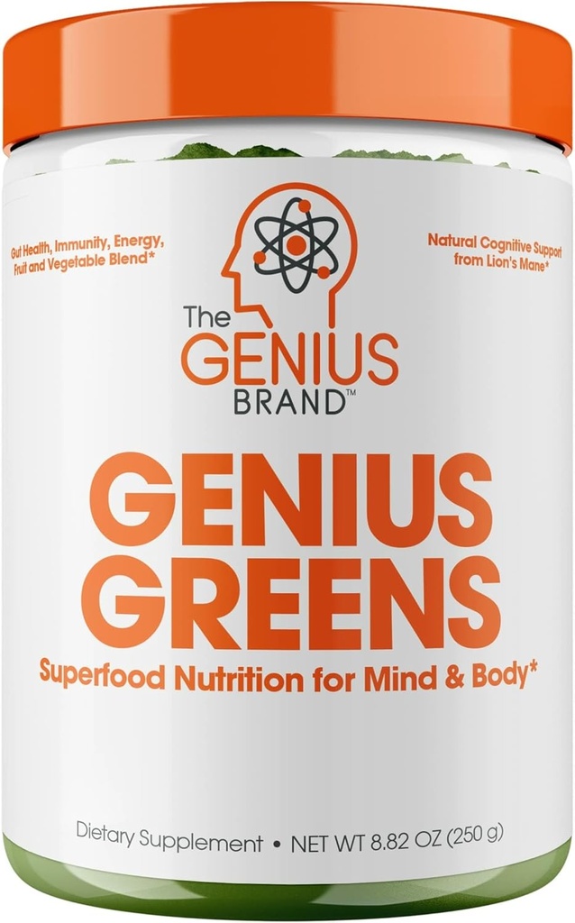 GeniusブランドGenius Greens - 健康的な心と免疫サポートのためのグリーンパウダー - 有機野菜、ブルーベリー&ライオンズマネ - 便利なドリンクミックス - 豪華な味 - 20 サービング