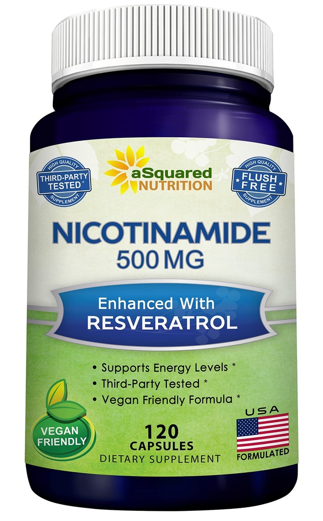 レスベラトロールとアクアレッド栄養ニコチンアミド - 120ベジギーカプセル - ビタミンB3 500mg(ナイアシンアミドフラッシュフリー) - NAD、皮膚細胞の健康とエネルギーをサポートするためのサプリメントピル