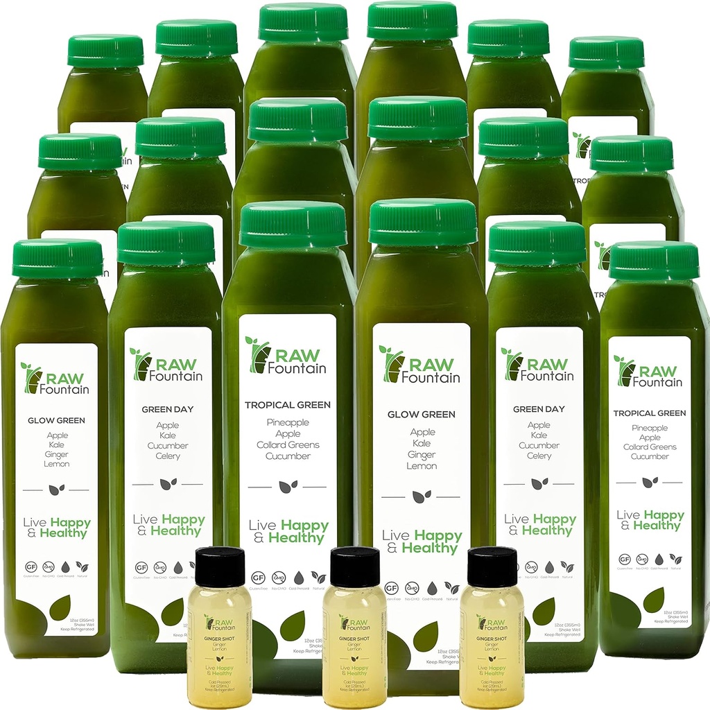 5 Day Green Juice Cleanse by Raw Fountain, All Natural Raw, Vegan Detox, Cold Pressed Juice, 30 Bottles 12oz, 3 Ginger Shots