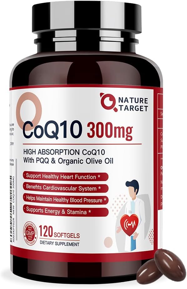 NATURE TARGET CoQ10-300mg-Softgels + PQQQQ 有機Olive-Oil - 高吸収-Coenzyme-Q10 - 抗酸化-for-Heart-Healthと免疫サポート、エネルギー生産、120 サービング