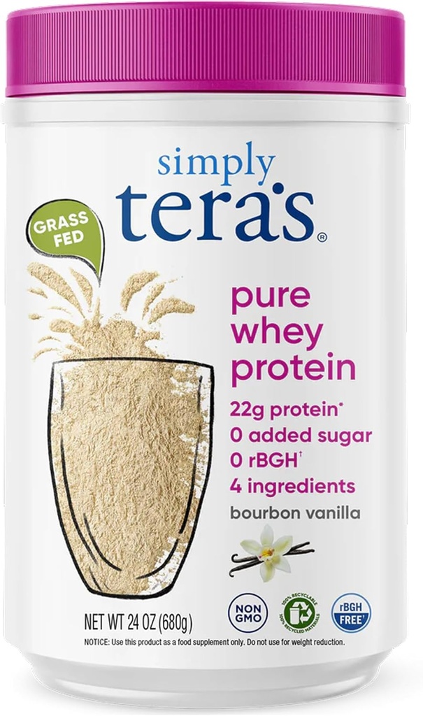 Simply tera's Pure Whey Protein Powder - Grass Fed Vanilla Whey Protein Powder, Clean, Made Without Artificial Sweeteners, Non-GMO, Kosher, rBGH-Free, Soy-Free - 24 Oz
