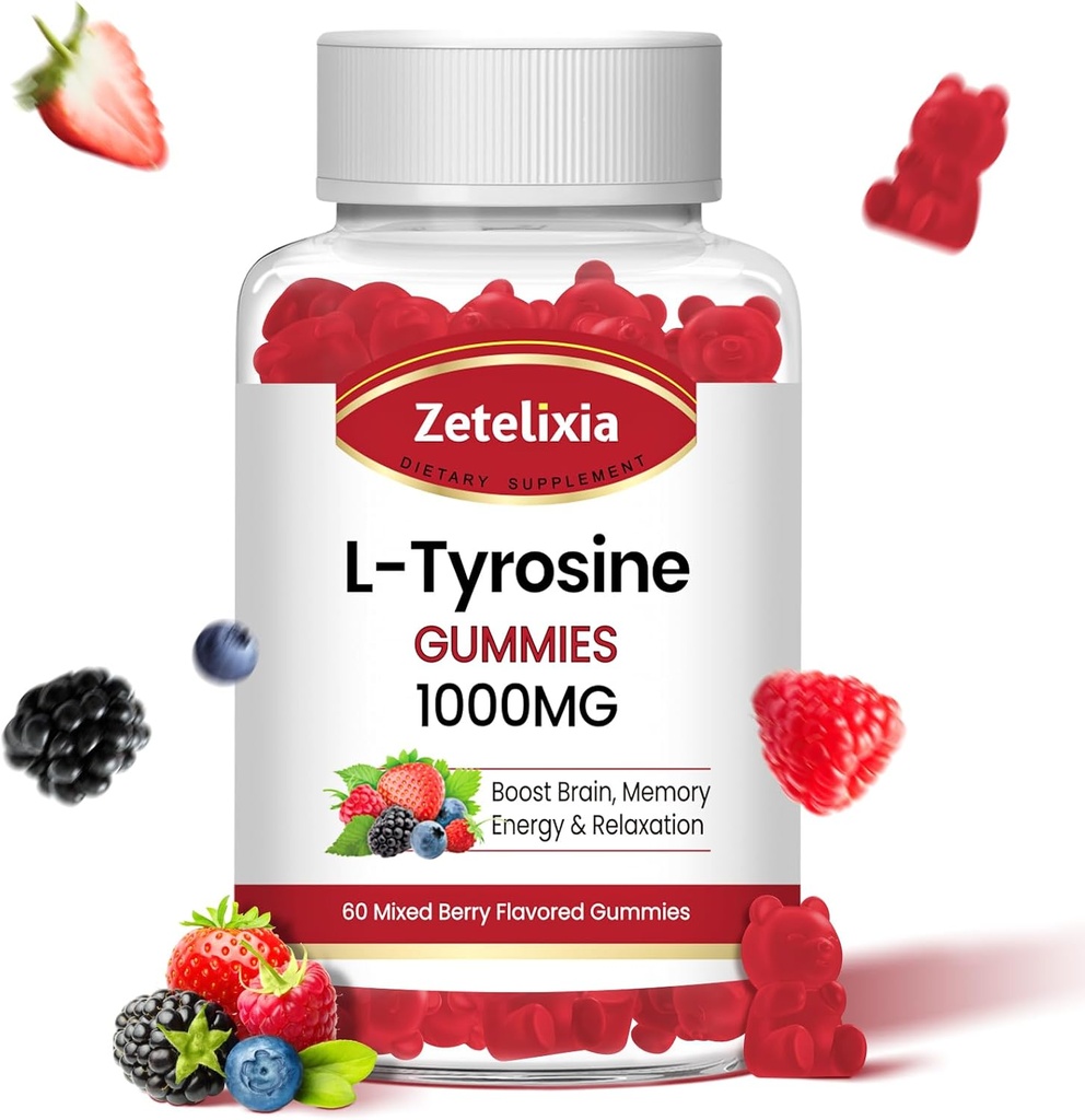 Lチロシングミー1000mg、L-テアニンサプリメントガミー200mg、無料のL-チロシンとビタミンB6エネルギーサプリメント大人&子供 - ビーガン(60))