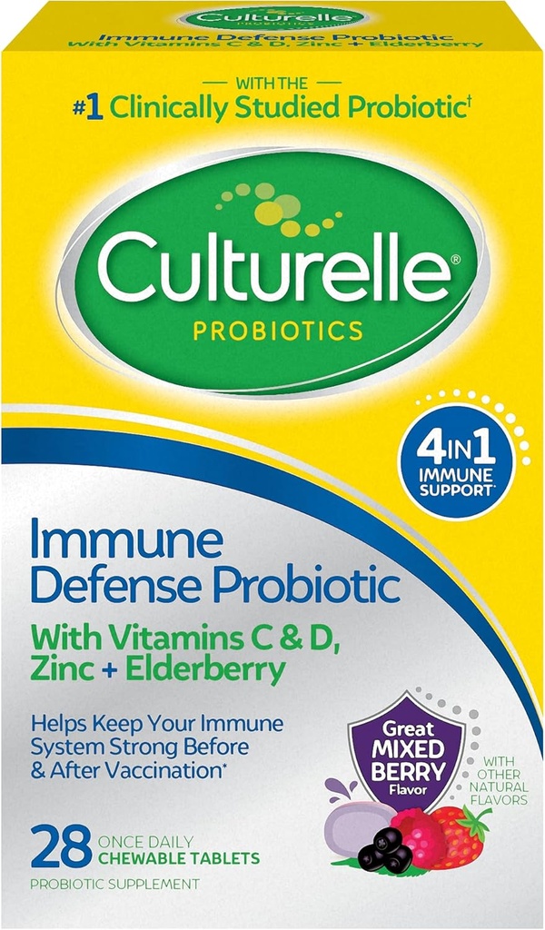 Culturelle Immune Defense Daily Probiotic for Women & Men - 28 Count, Mixed Berry Chewables with 4-in-1 Immune Support. Probiotic Vitamin C, Vitamin D, and Zinc Plus Elderberry