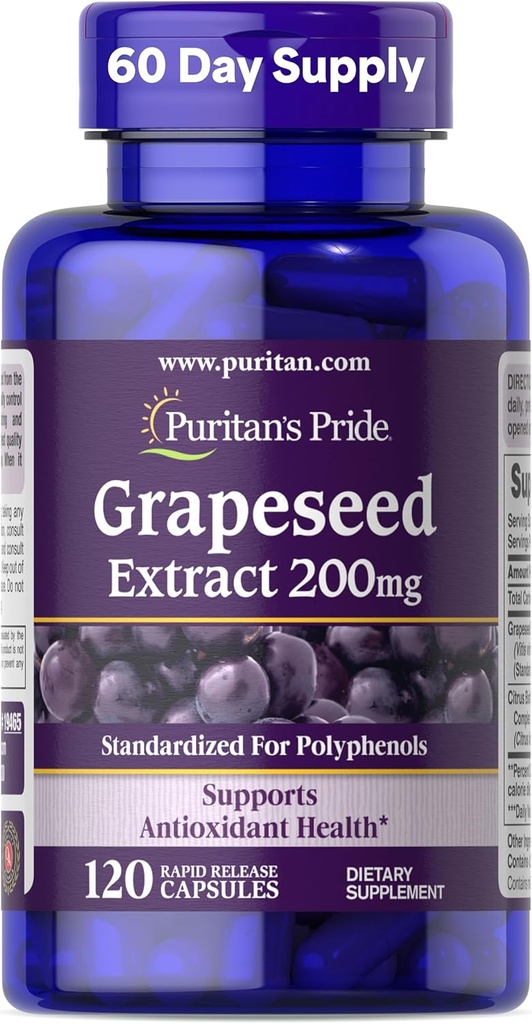 Puritan's Pride Grapeseed Extract 200mg、抗酸化剤と心臓の健康サポートのための栄養補助食品、2ヶ月の供給、120急速なリリースカプセル