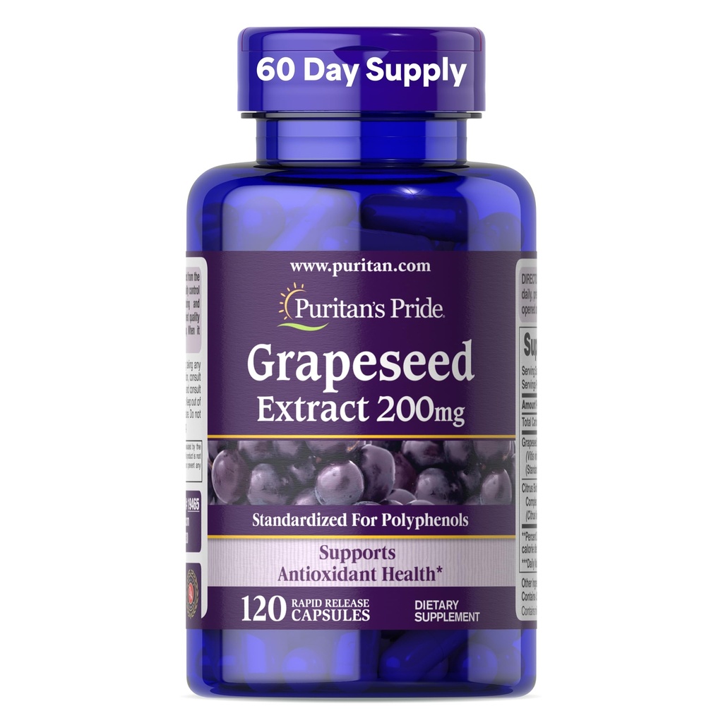 Puritan's Pride Grapeseed Extract 200mg、抗酸化剤と心臓の健康サポートのための栄養補助食品、2ヶ月の供給、120急速なリリースカプセル