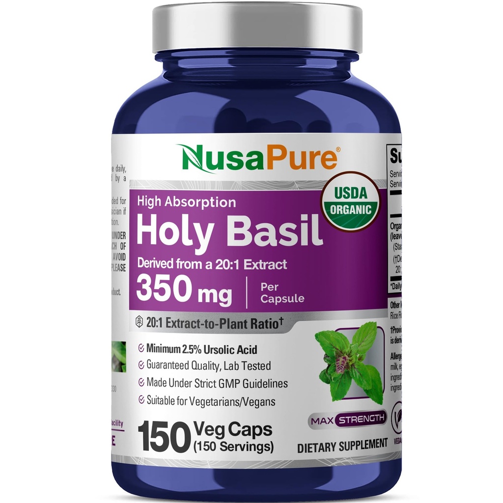 NusaPure USDAの有機性聖バジルカプセル20:1抽出物、7,000mgと等価350mg | 150ビーガンキャップ | トルシ聖バジルリーフエキス | 2.5% ウルゾル酸 | 非GMO