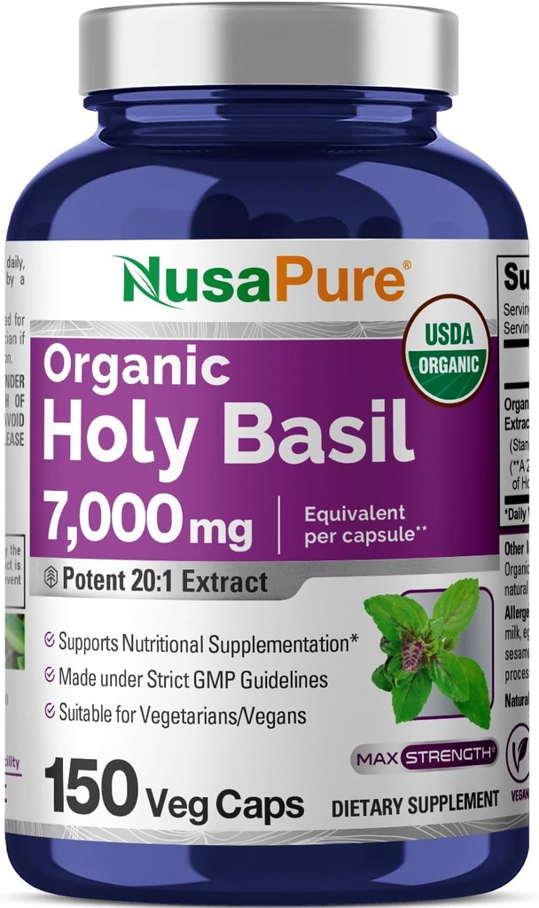NusaPure USDAの有機性聖バジルカプセル20:1抽出物、7,000mgと等価350mg | 150ビーガンキャップ | トルシ聖バジルリーフエキス | 2.5% ウルゾル酸 | 非GMO