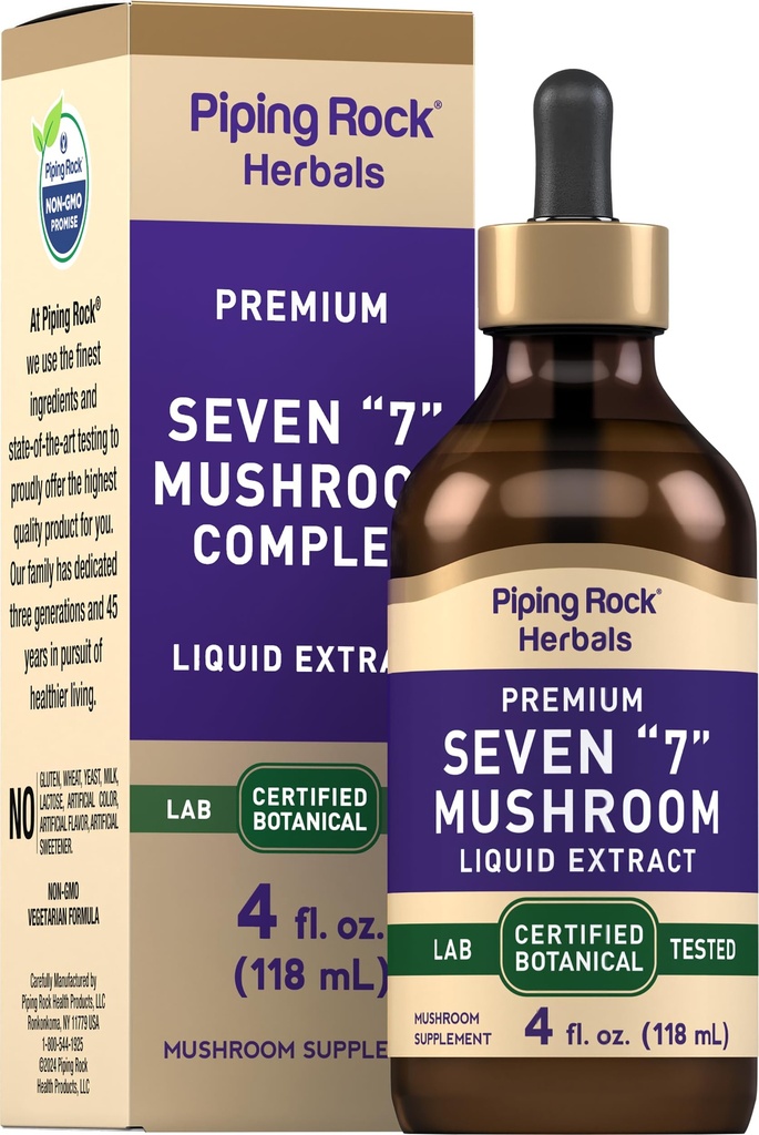 パイピングロックマッシュルーム 液体ドロップ | 4 Fl Oz | 7 in 1 | 椎茸、椎茸、石、チャガ、コルディプス、ライオンズマネ&オイスターマッシュルーム | ベジタリアン | GMO以外のグルテンフリー