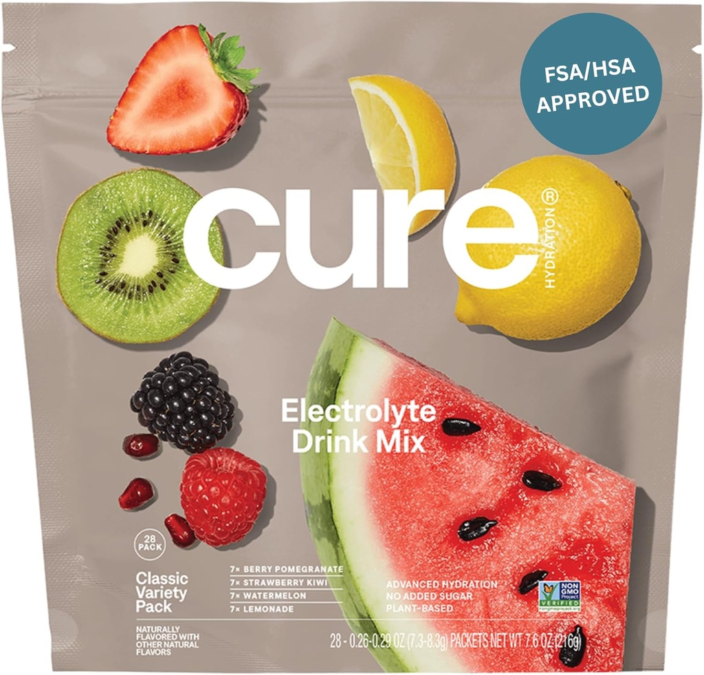 Cure Hydration | Plant-Based Electrolyte Drink Mix | No Added Sugar | FSA-HSA | Dehydration Relief Powder Made with Coconut Water | Non-GMO | Vegan | 28 Packets - Variety Pack