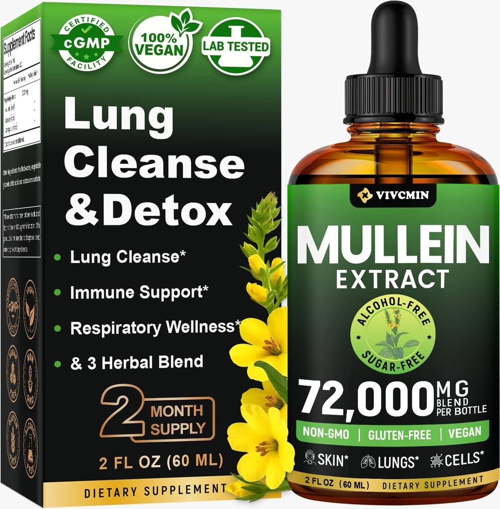 Mulleinは肺、肺の健康のための3-in-1 Mulleinの葉のエキス、3-in-1 Mulleinの低下、草の呼吸器肺の健康サポート補足、サポート免疫及び消化器の健康、砂糖及びアルコールなし - 2つのFLのOZ