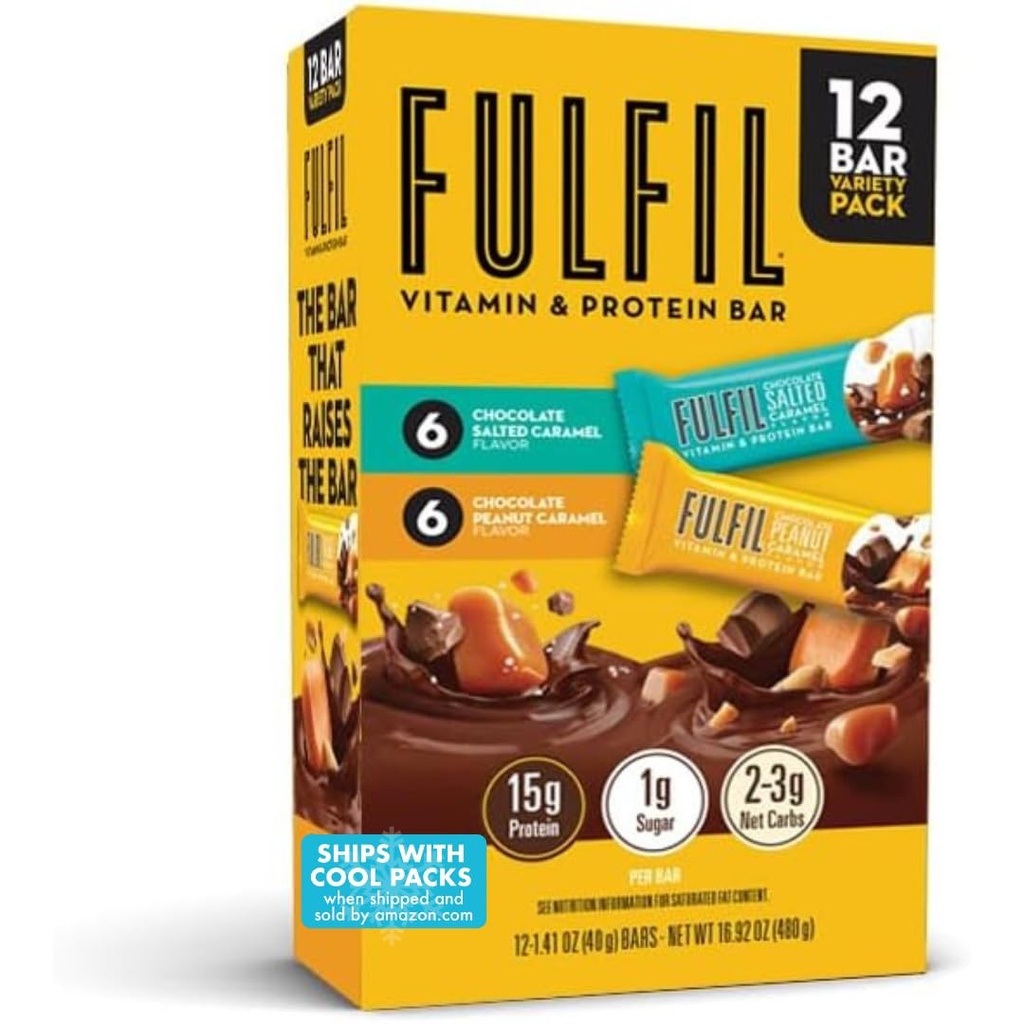 フルフィルプロテインスナックバー、6チョコレートピーナッツとキャラメル&6チョコレート塩キャラメル、15gプロテイン、パントリーステープル、12カウント