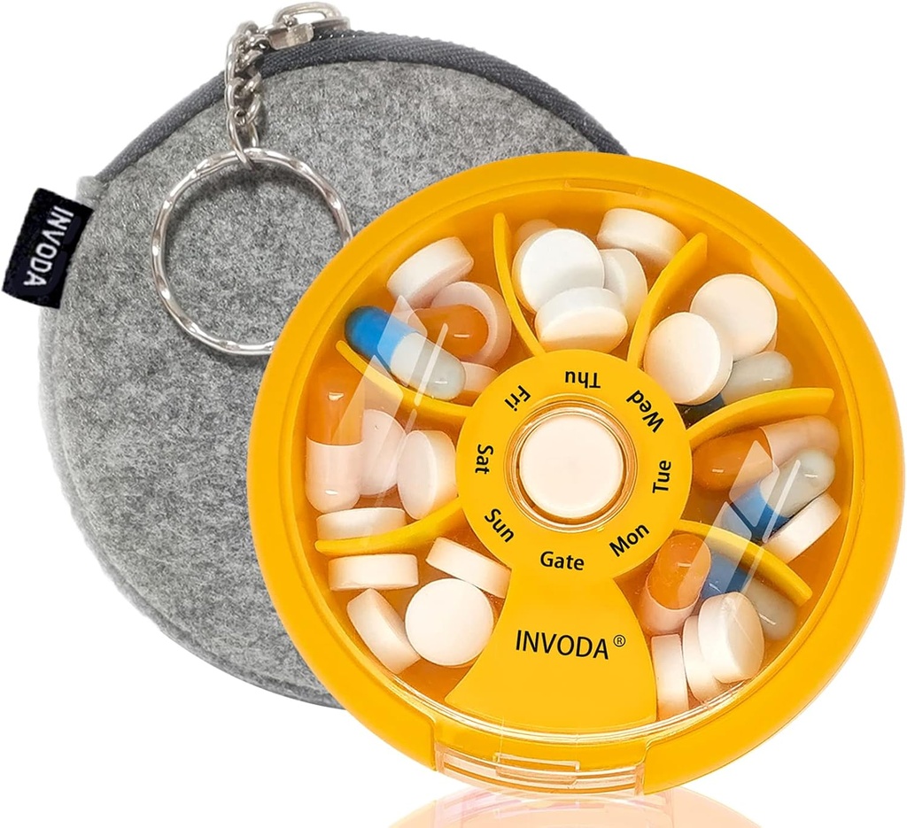 INVODAウィークリーピルオーガナイザー7コンパートメント回転ピルボックス毎日の薬とビタミン - ポータブルトラベルピルケースフィッシュオイルはビタミンオーガナイザー(オレンジ+バッグ)を補います