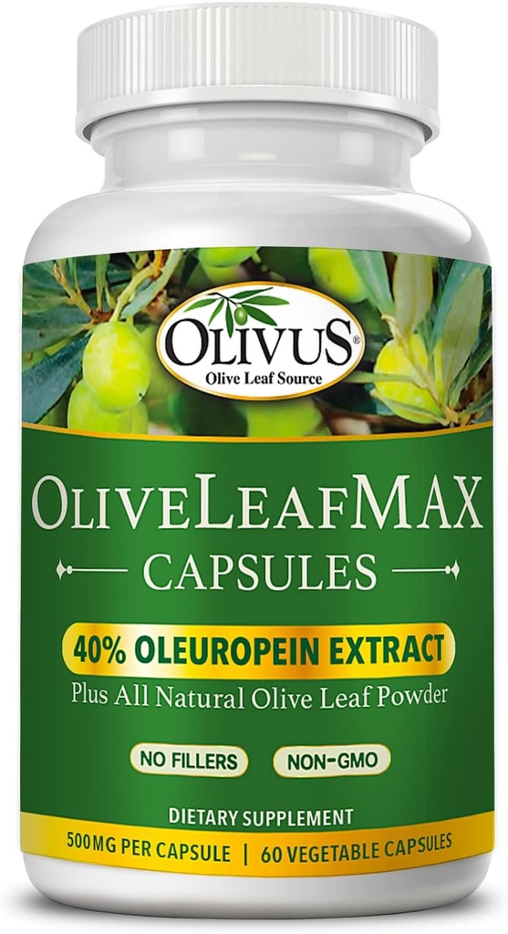 OliveLeafMAX Olive Leaf Extract (40% Oleuroepin) + Organic Olive Leaf Powder + No Fillers + 60 Vegetarian Capsules + Sourced from Spain and Manufactured in USA at GMP Facility